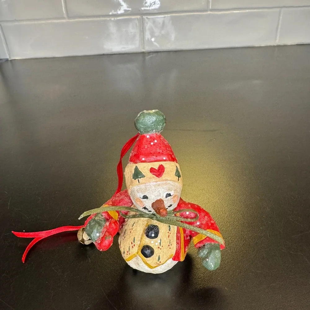 Snowman Christmas Ornament Small Red Folk Art Rustic Jingle Bell Decor